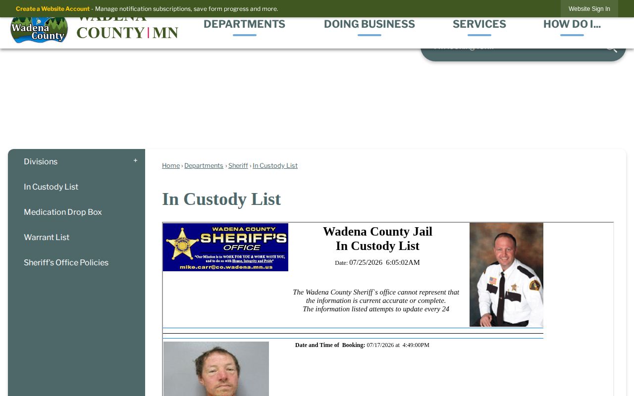 Wadena County current custody report for release verification