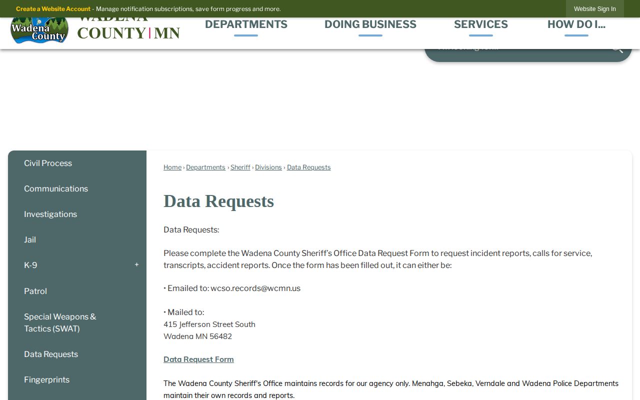 Wadena County release record request instructions