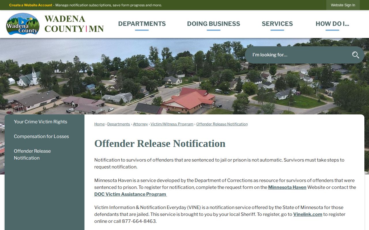 Wadena County jail and prison release notification options